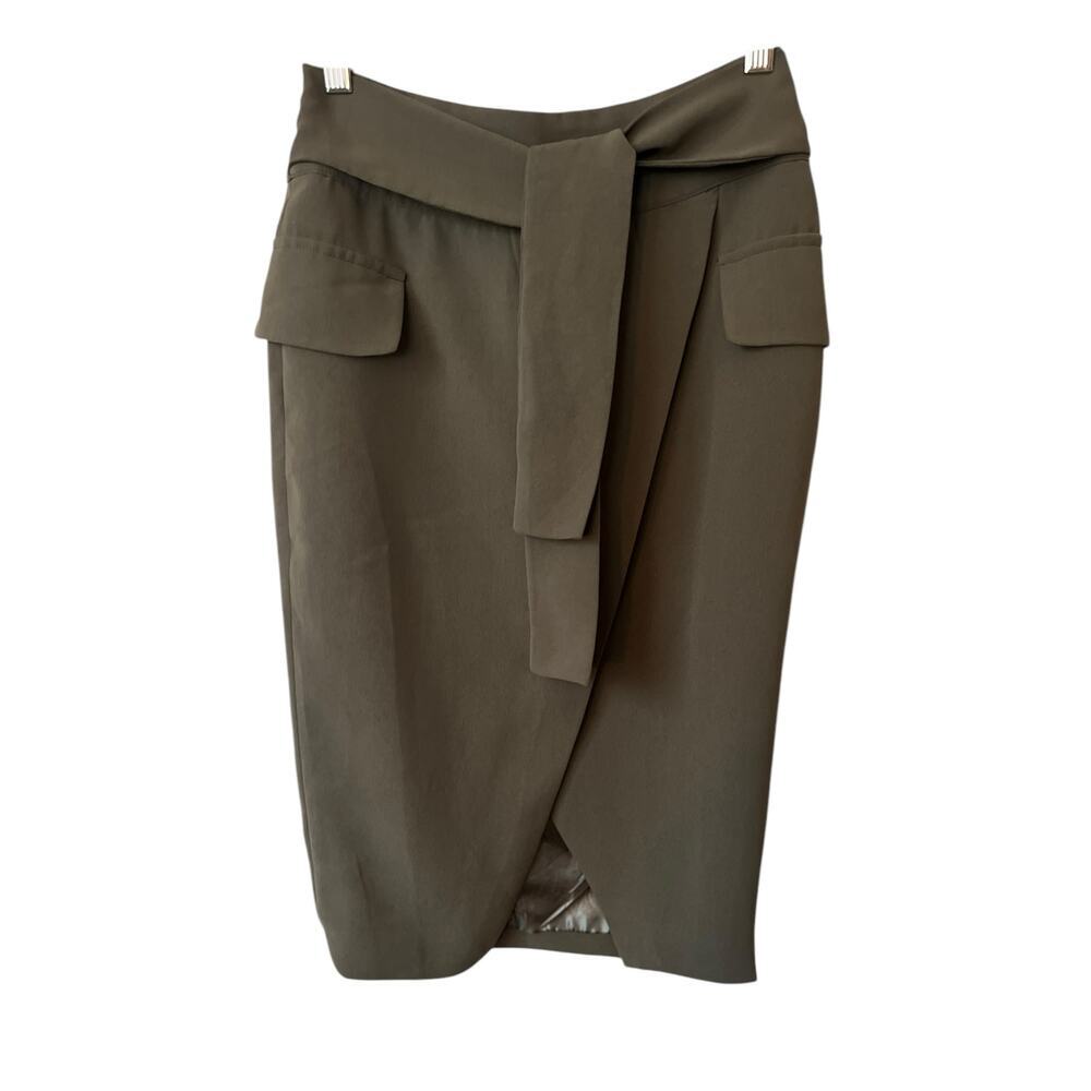 PENCIL SKIRT WOMENS ARMY GREEN SASH TIE SIZE S FAUX POCKETS SLIT IN FRONT